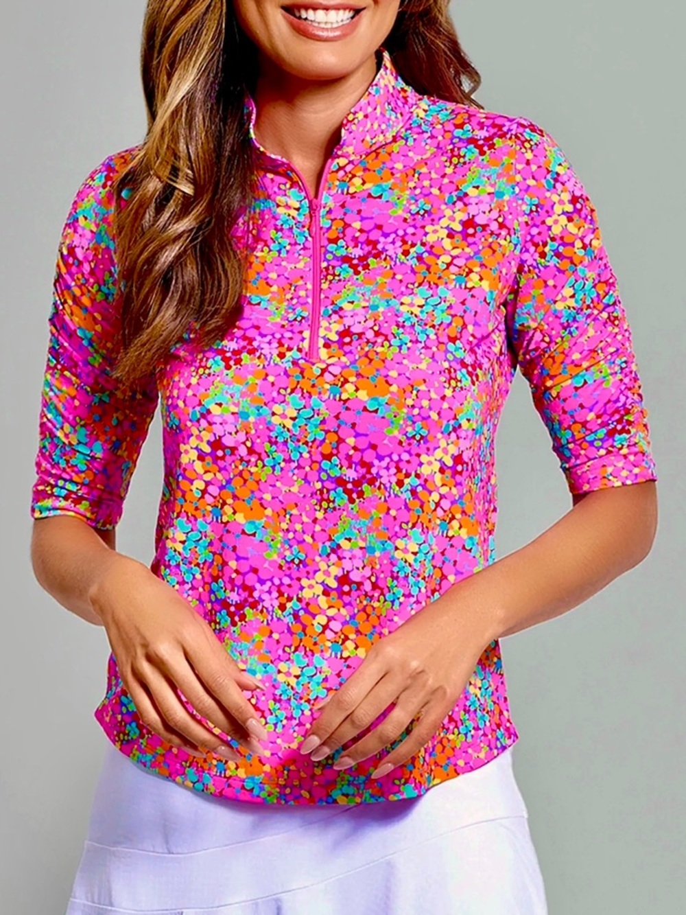 IBKUL Allana Hot Pink Neon Orange Print Ruched Elbow Sleeve Mandarin Collar Top